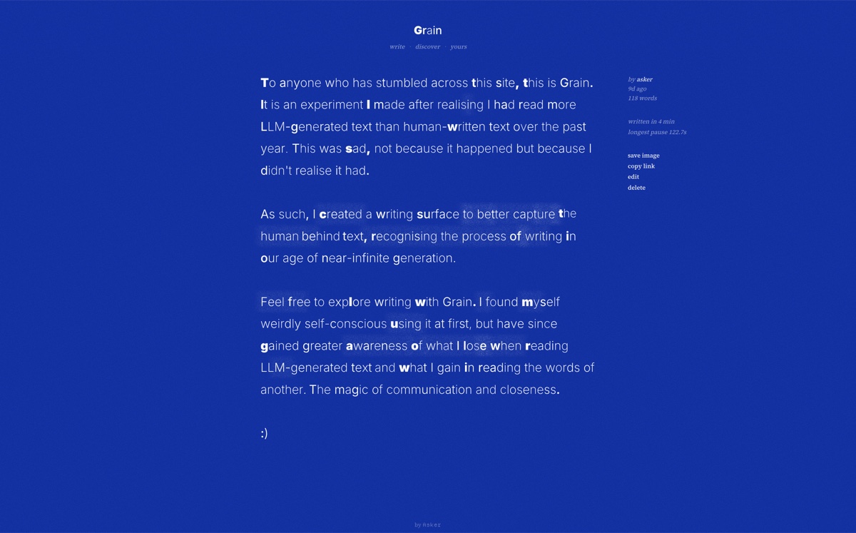 A short note written in Grain — white text on Klein blue, its letters varying in weight, with a margin logging words, time spent, and the longest pause.