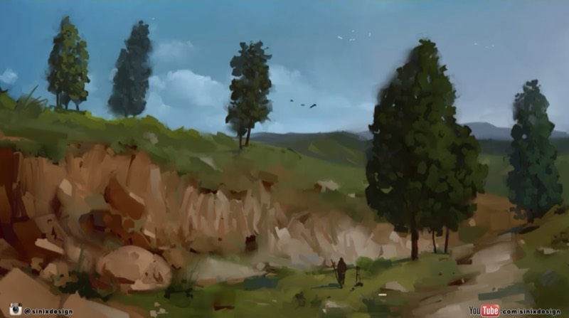 A frame from Sinix Design’s Paintsploration timelapse — a pastoral landscape.