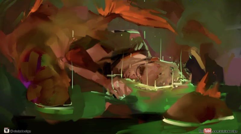 A later frame from the same canvas — a realistic human figure, the landscape painted over entirely.